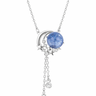 Silver Alphalurent necklace featuring a crescent moon hugging a sparkling blue sandstone sphere, with dangling silver chains and crystal star charms.