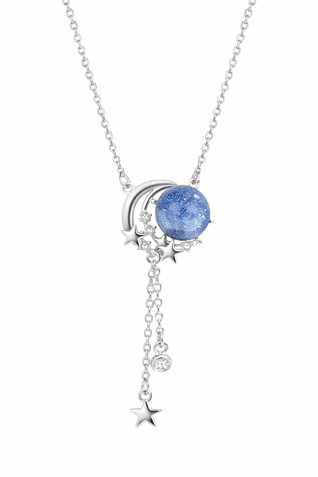 Celestial Blue Sandstone Moon & Star Necklace | Silver Galaxy Pendant – Alphalurent Silver Alphalurent necklace featuring a crescent moon hugging a sparkling blue sandstone sphere, with dangling silver chains and crystal star charms.