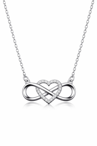 Close up of silver infinity heart pendant with zircon stone showing intricate design