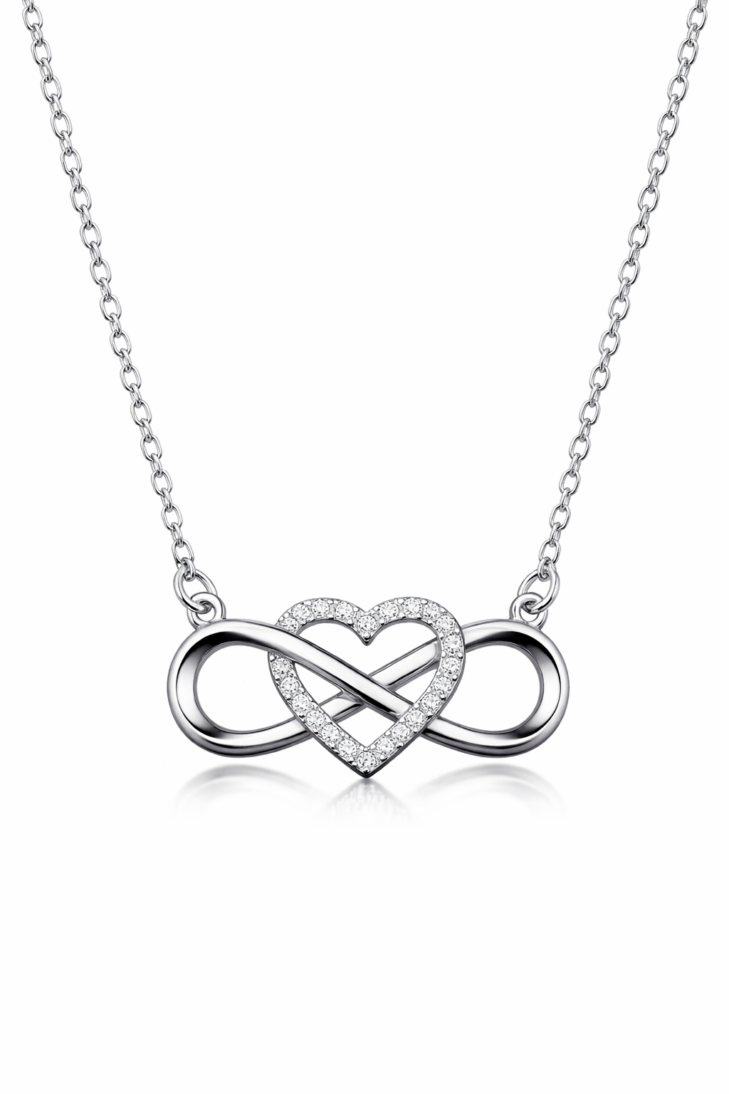 Close up of silver infinity heart pendant with zircon stone showing intricate design