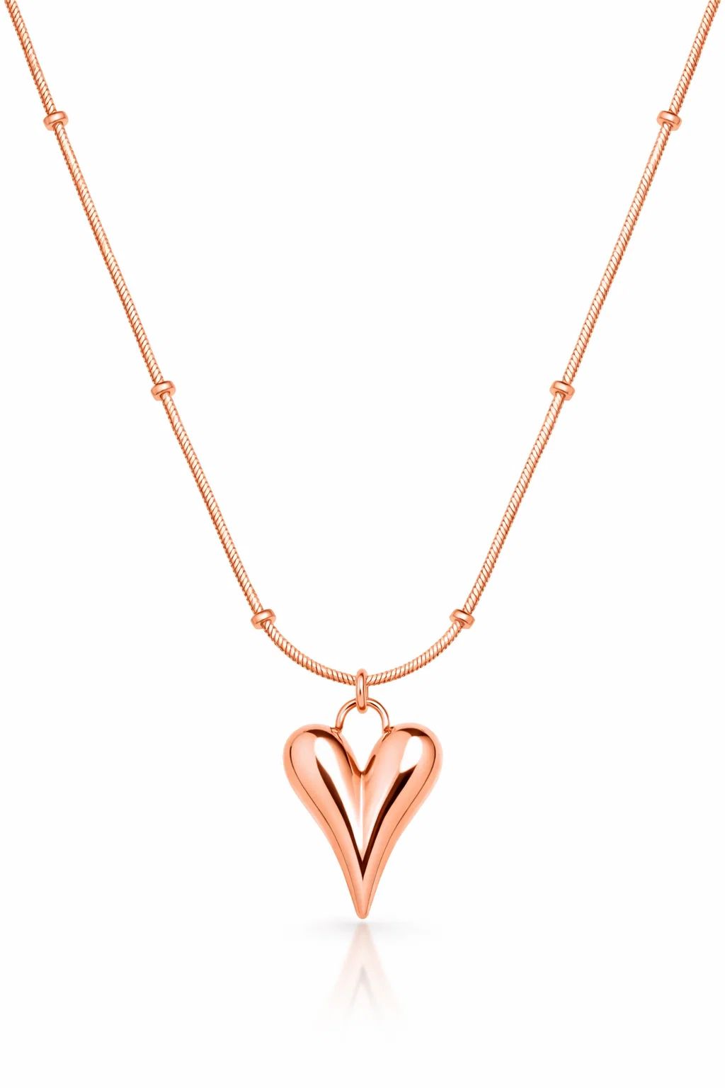 Gold Alphalurent titanium steel necklace featuring a smooth, 3D geometric heart pendant on a beaded snake chain.