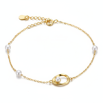 Alphalurent 925 silver necklace featuring a geometric Möbius twist pendant holding a single white pearl. (For the gold bracelet image): Gold-plated Alphalurent bracelet with a twisted pearl charm and two accent pearls on a delicate chain.