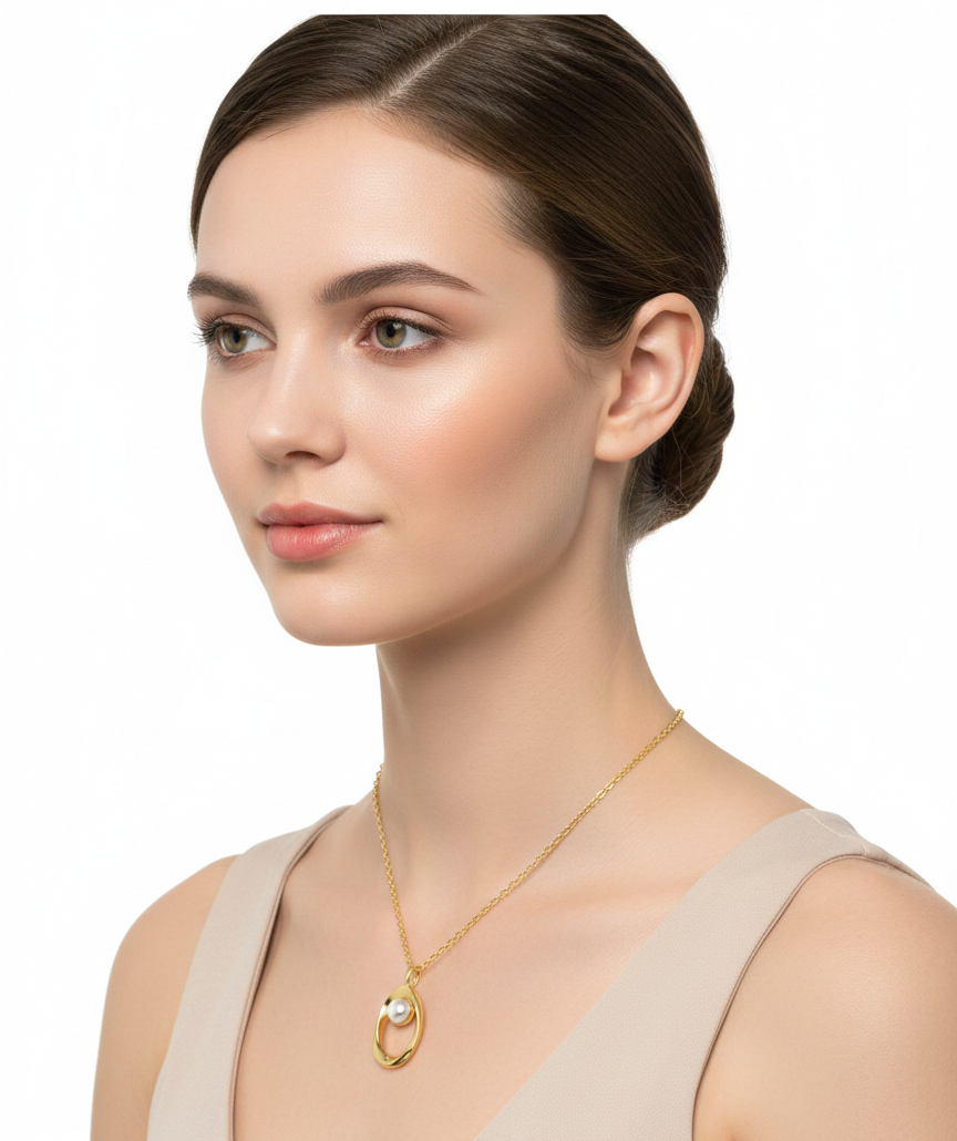 Alphalurent 925 silver necklace featuring a geometric Möbius twist pendant holding a single white pearl. (For the gold bracelet image): Gold-plated Alphalurent bracelet with a twisted pearl charm and two accent pearls on a delicate chain.