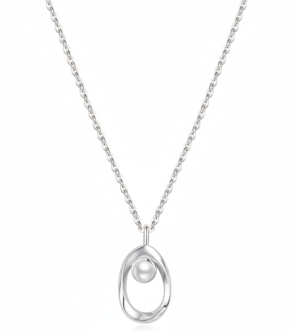 Alphalurent 925 silver necklace featuring a geometric Möbius twist pendant holding a single white pearl. (For the gold bracelet image): Gold-plated Alphalurent bracelet with a twisted pearl charm and two accent pearls on a delicate chain.