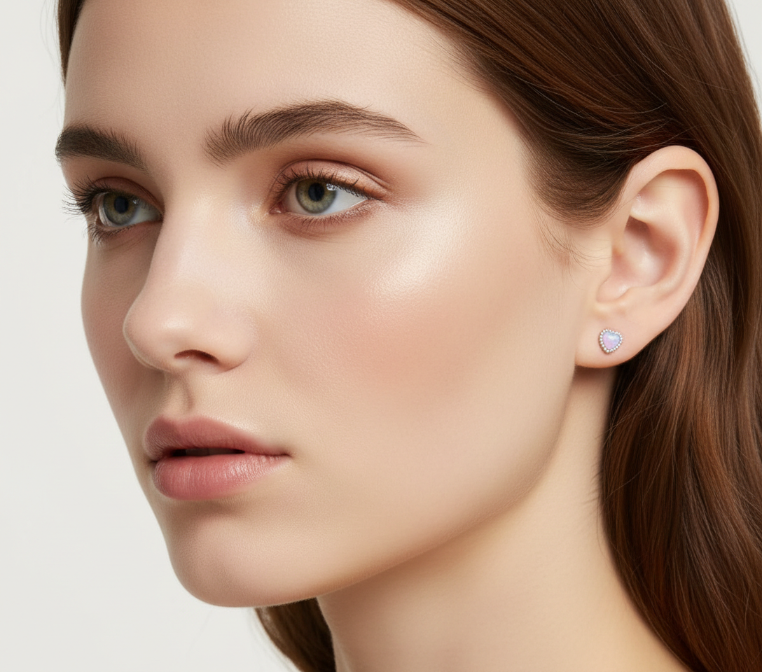 Alphalurent 925 sterling silver stud earrings featuring a heart-shaped iridescent blue opal crystal, a beaded silver edge, and comfortable screw-on ball backs.