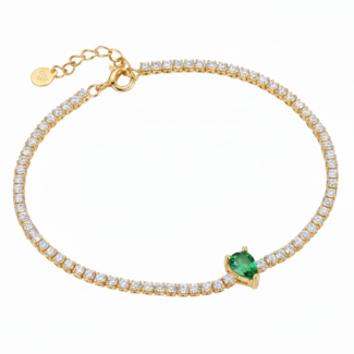 Alphalurent gold tennis bracelet featuring a single heart-shaped red zircon stone. (For the green image): Alphalurent gold vermeil tennis bracelet with a teardrop pear-shaped emerald green zircon.