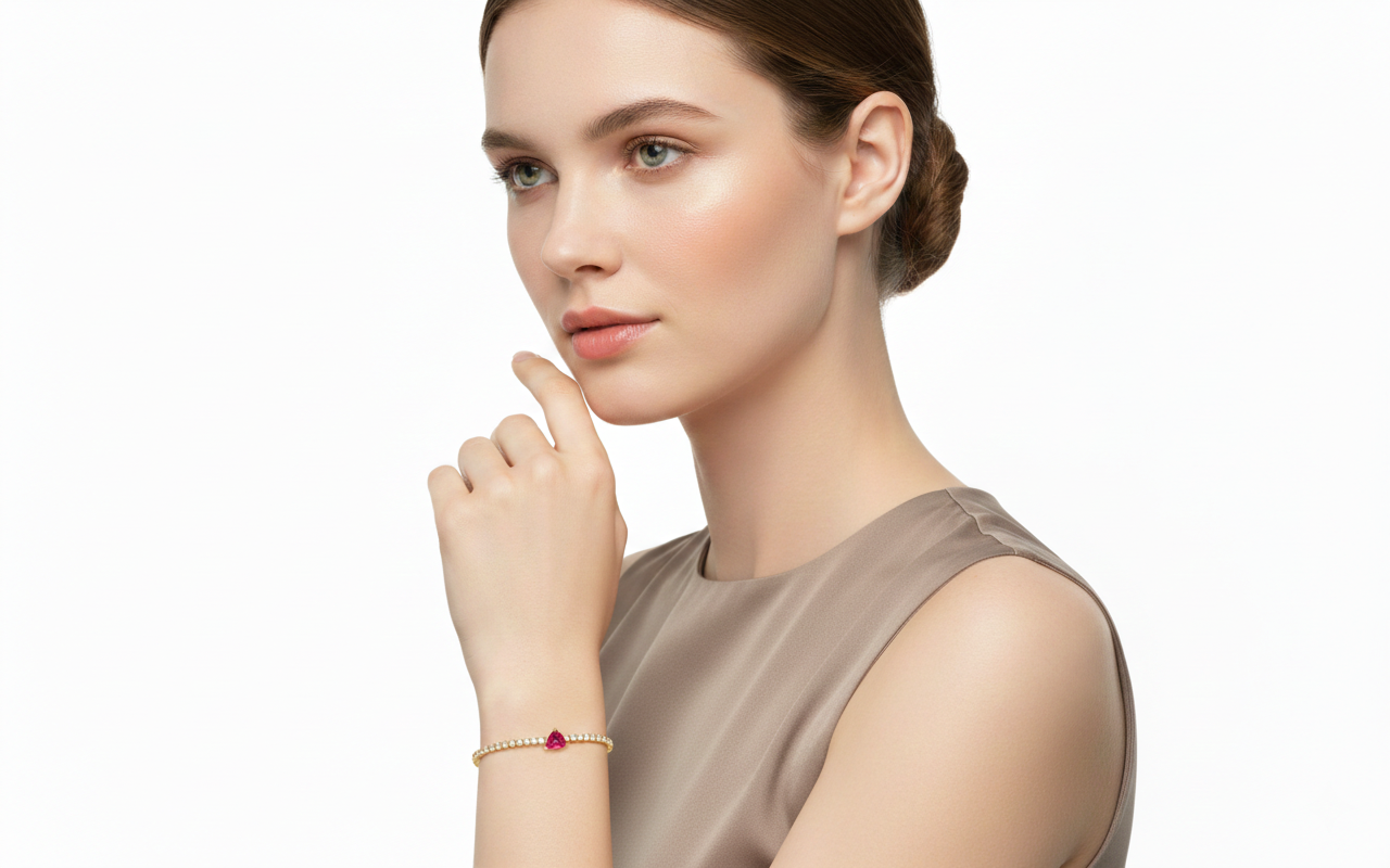 Alphalurent gold tennis bracelet featuring a single heart-shaped red zircon stone. (For the green image): Alphalurent gold vermeil tennis bracelet with a teardrop pear-shaped emerald green zircon.