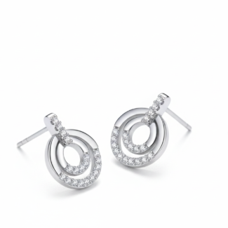 Alphalurent 925 sterling silver stud earrings featuring a geometric design with two interlocking circles, accented with sparkling pave crystals.