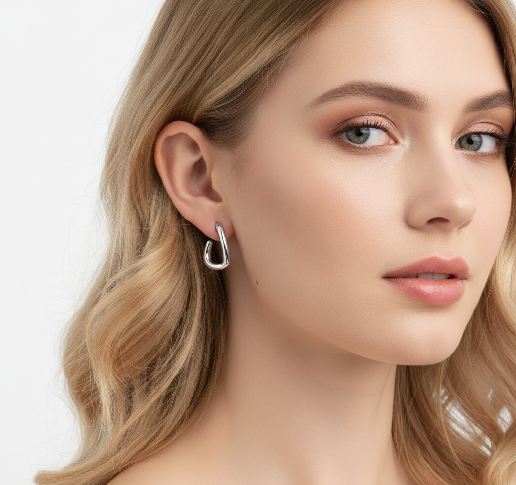 Alphalurent gold titanium steel hoop earrings featuring an irregular, fluid U-shape geometric design. (For the silver image): Model wearing Alphalurent asymmetric silver U-shaped hoop earrings with a sleek, modern finish.