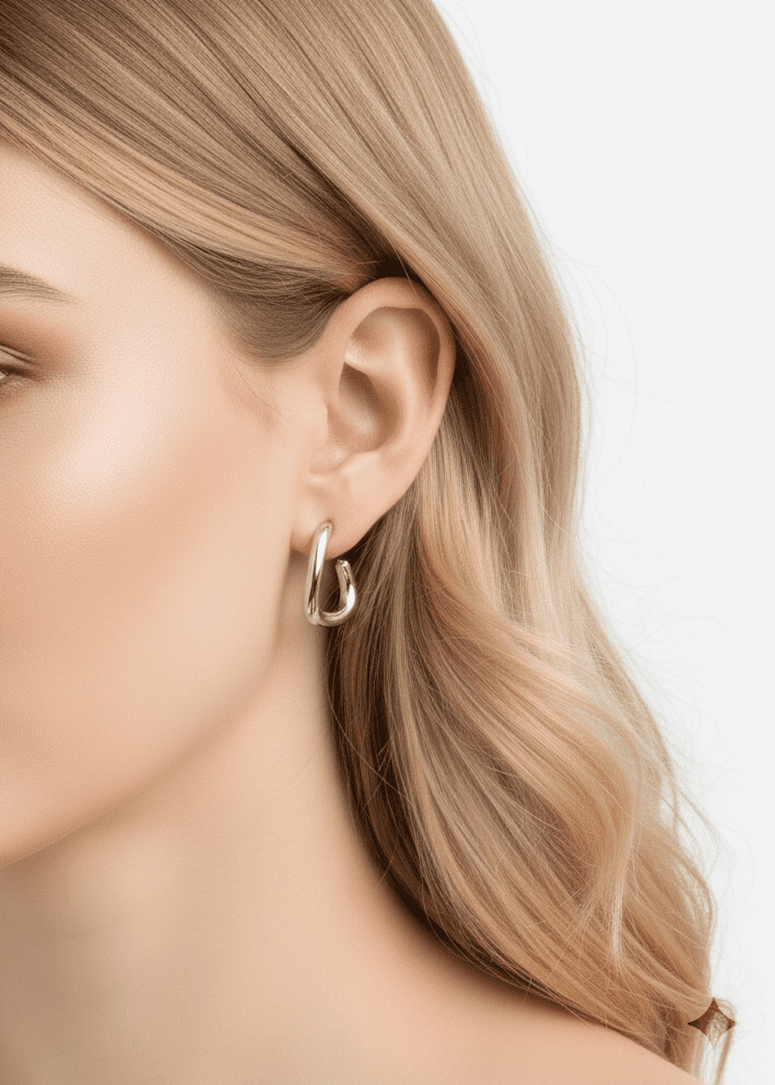 Alphalurent gold titanium steel hoop earrings featuring an irregular, fluid U-shape geometric design. (For the silver image): Model wearing Alphalurent asymmetric silver U-shaped hoop earrings with a sleek, modern finish.