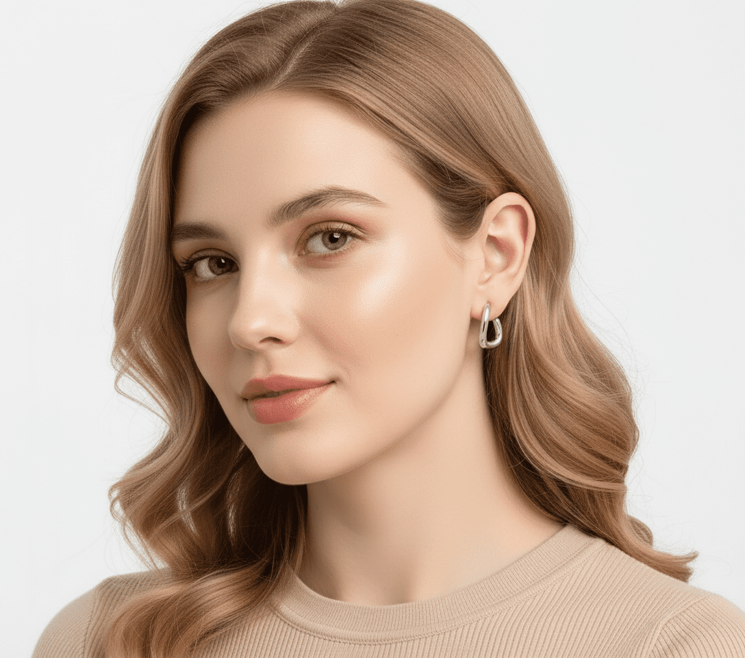 Alphalurent gold titanium steel hoop earrings featuring an irregular, fluid U-shape geometric design. (For the silver image): Model wearing Alphalurent asymmetric silver U-shaped hoop earrings with a sleek, modern finish.