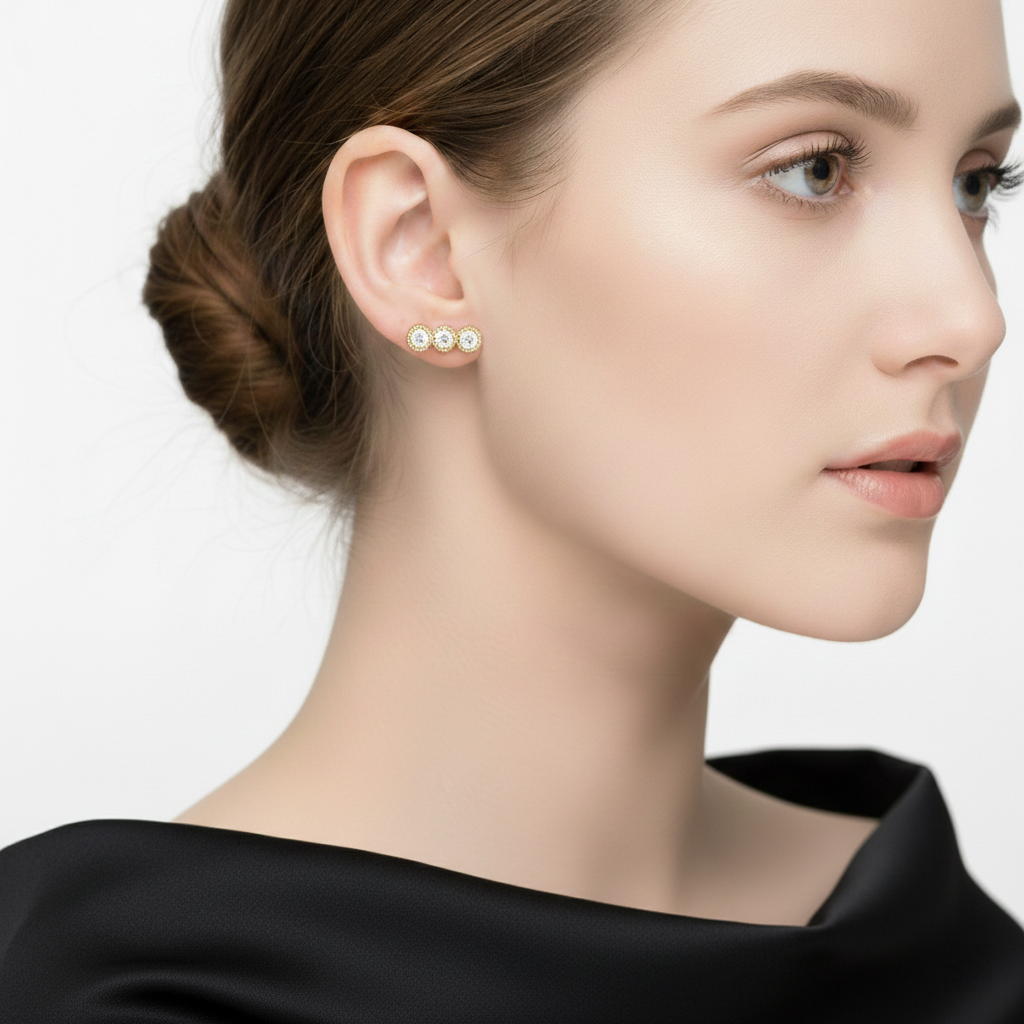 Alphalurent 925 sterling silver minimalist stud earrings featuring a geometric row of three crystals with a textured beaded edge, shown in gold and silver finishes. (For the model images): Model wearing delicate Alphalurent gold tri-gem geometric stud earrings.