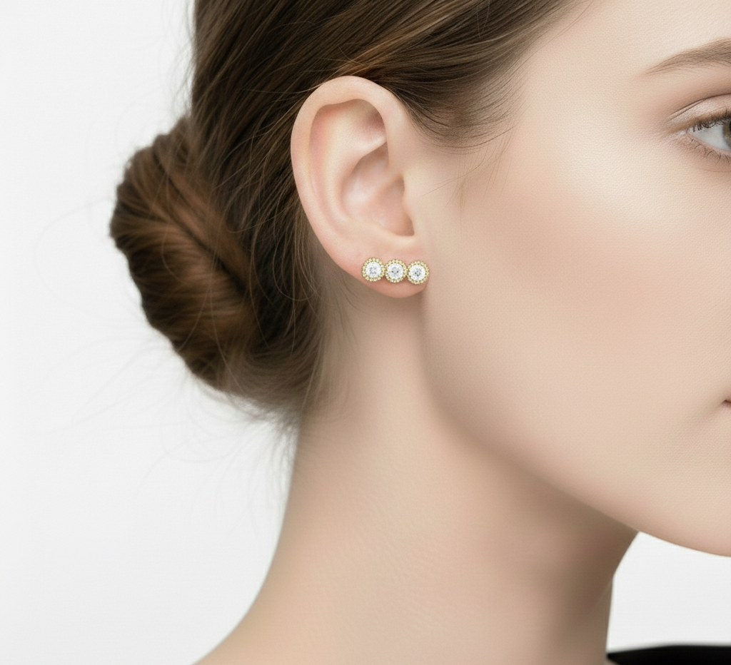 Alphalurent 925 sterling silver minimalist stud earrings featuring a geometric row of three crystals with a textured beaded edge, shown in gold and silver finishes. (For the model images): Model wearing delicate Alphalurent gold tri-gem geometric stud earrings.