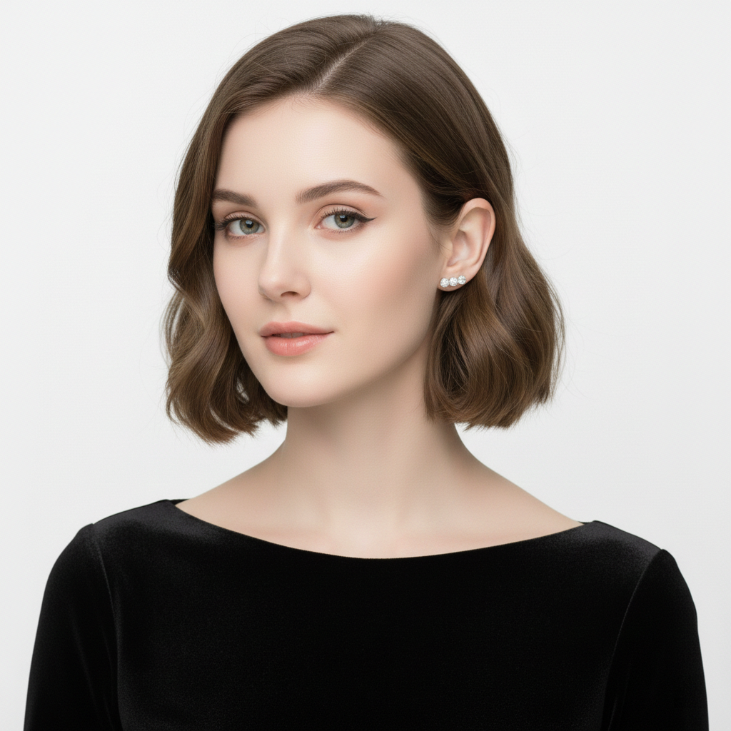 Alphalurent 925 sterling silver minimalist stud earrings featuring a geometric row of three crystals with a textured beaded edge, shown in gold and silver finishes. (For the model images): Model wearing delicate Alphalurent gold tri-gem geometric stud earrings.