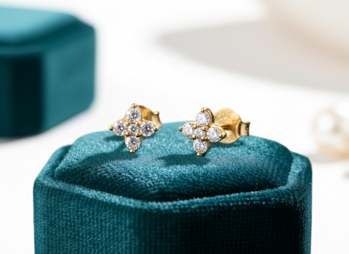 Alphalurent 925 sterling silver stud earrings featuring a sparkling four-leaf clover quadrifoil design, resting on a green velvet jewelry box. (For the model images): Model wearing Alphalurent minimalist 18K gold-plated clover stud earrings. / Model wearing Alphalurent platinum-plated silver quadrifoil stud earrings.