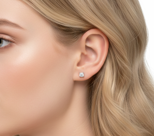 Alphalurent 925 sterling silver stud earrings featuring a sparkling four-leaf clover quadrifoil design, resting on a green velvet jewelry box. (For the model images): Model wearing Alphalurent minimalist 18K gold-plated clover stud earrings. / Model wearing Alphalurent platinum-plated silver quadrifoil stud earrings.