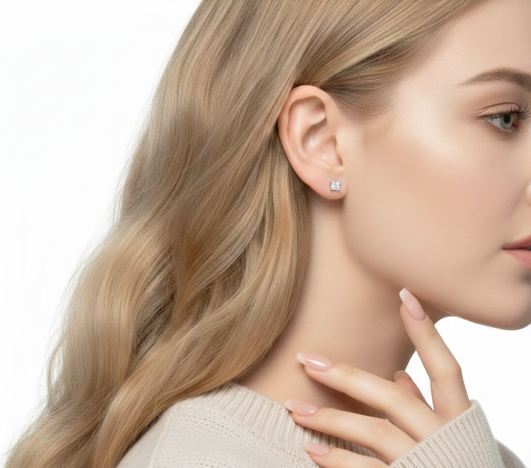 Alphalurent 925 sterling silver stud earrings featuring a sparkling four-leaf clover quadrifoil design, resting on a green velvet jewelry box. (For the model images): Model wearing Alphalurent minimalist 18K gold-plated clover stud earrings. / Model wearing Alphalurent platinum-plated silver quadrifoil stud earrings.