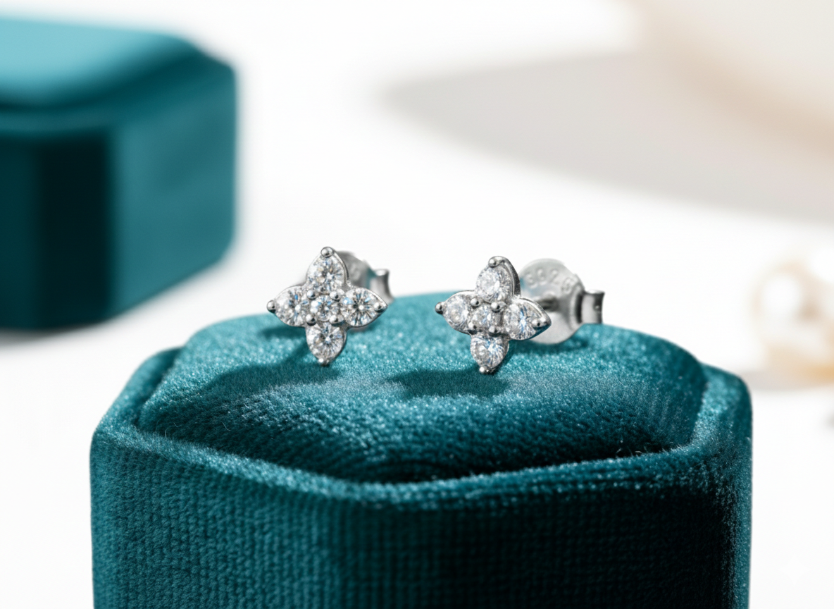 Alphalurent 925 sterling silver stud earrings featuring a sparkling four-leaf clover quadrifoil design, resting on a green velvet jewelry box. (For the model images): Model wearing Alphalurent minimalist 18K gold-plated clover stud earrings. / Model wearing Alphalurent platinum-plated silver quadrifoil stud earrings.