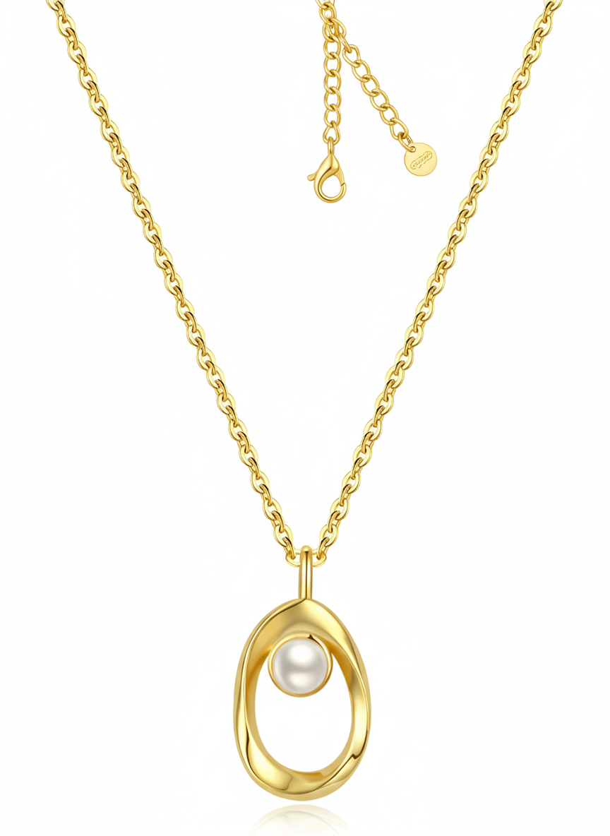 Alphalurent 925 silver necklace featuring a geometric Möbius twist pendant holding a single white pearl. (For the gold bracelet image): Gold-plated Alphalurent bracelet with a twisted pearl charm and two accent pearls on a delicate chain.