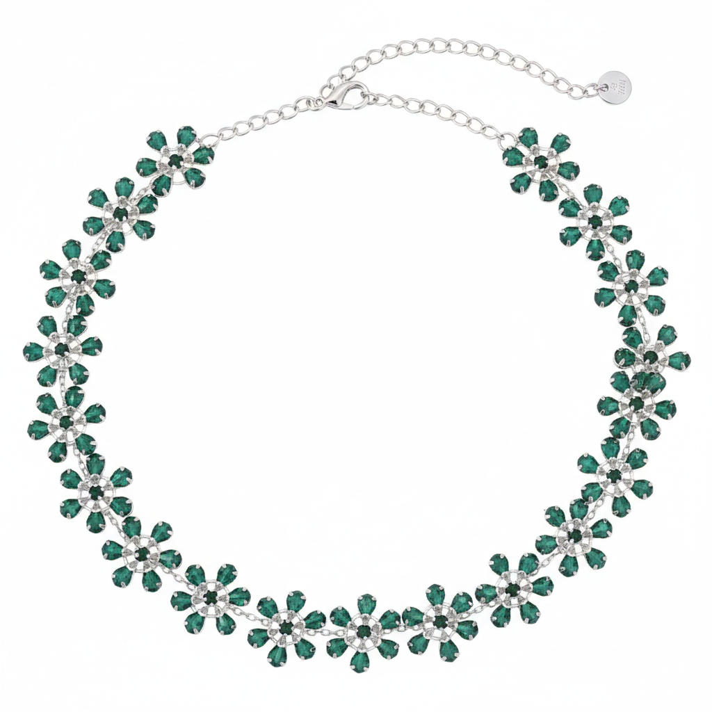 Alphalurent Rosé Bloom Crystal Flower Choker | Rhinestone Floral Necklace in Pink & Emerald Green