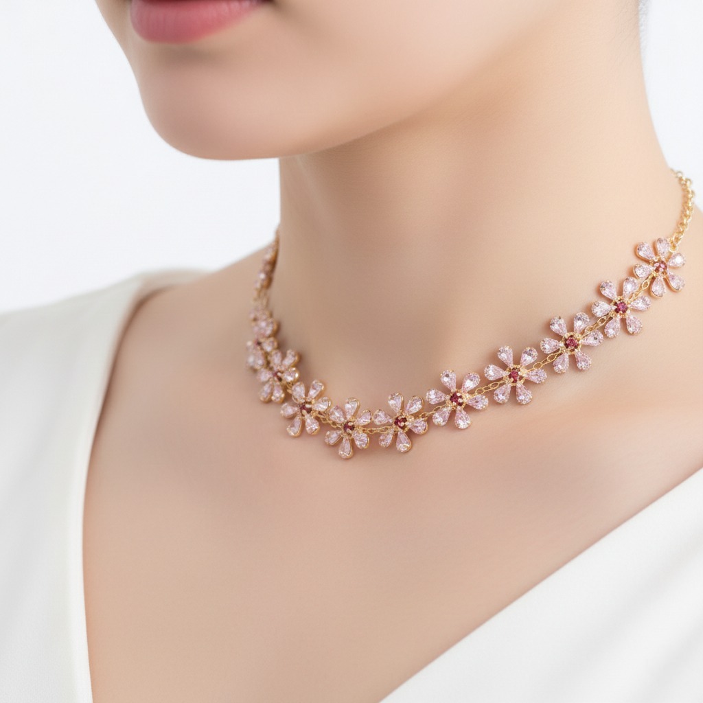 Alphalurent Rosé Bloom Crystal Flower Choker | Rhinestone Floral Necklace in Pink & Emerald Green