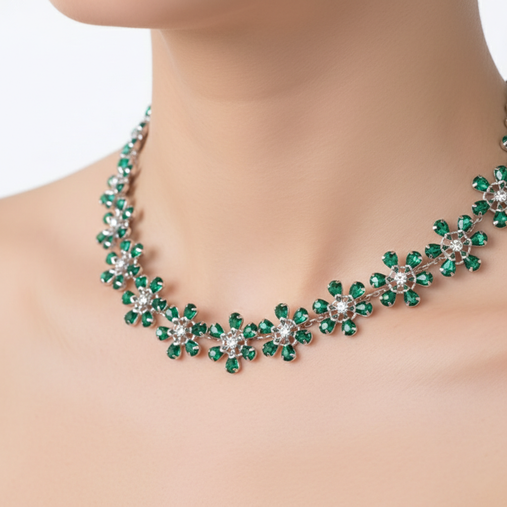 Alphalurent Rosé Bloom Crystal Flower Choker | Rhinestone Floral Necklace in Pink & Emerald Green