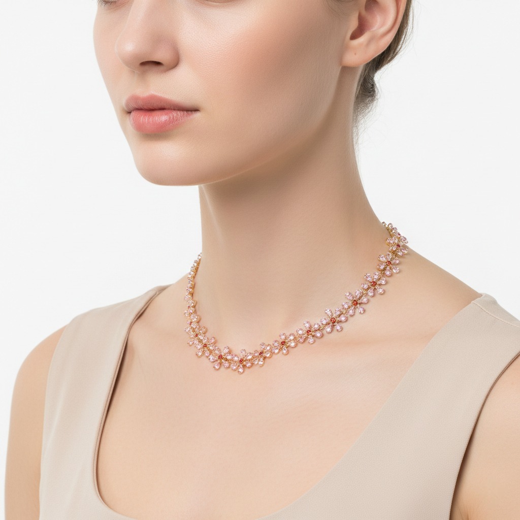 Alphalurent Rosé Bloom Crystal Flower Choker | Rhinestone Floral Necklace in Pink & Emerald Green