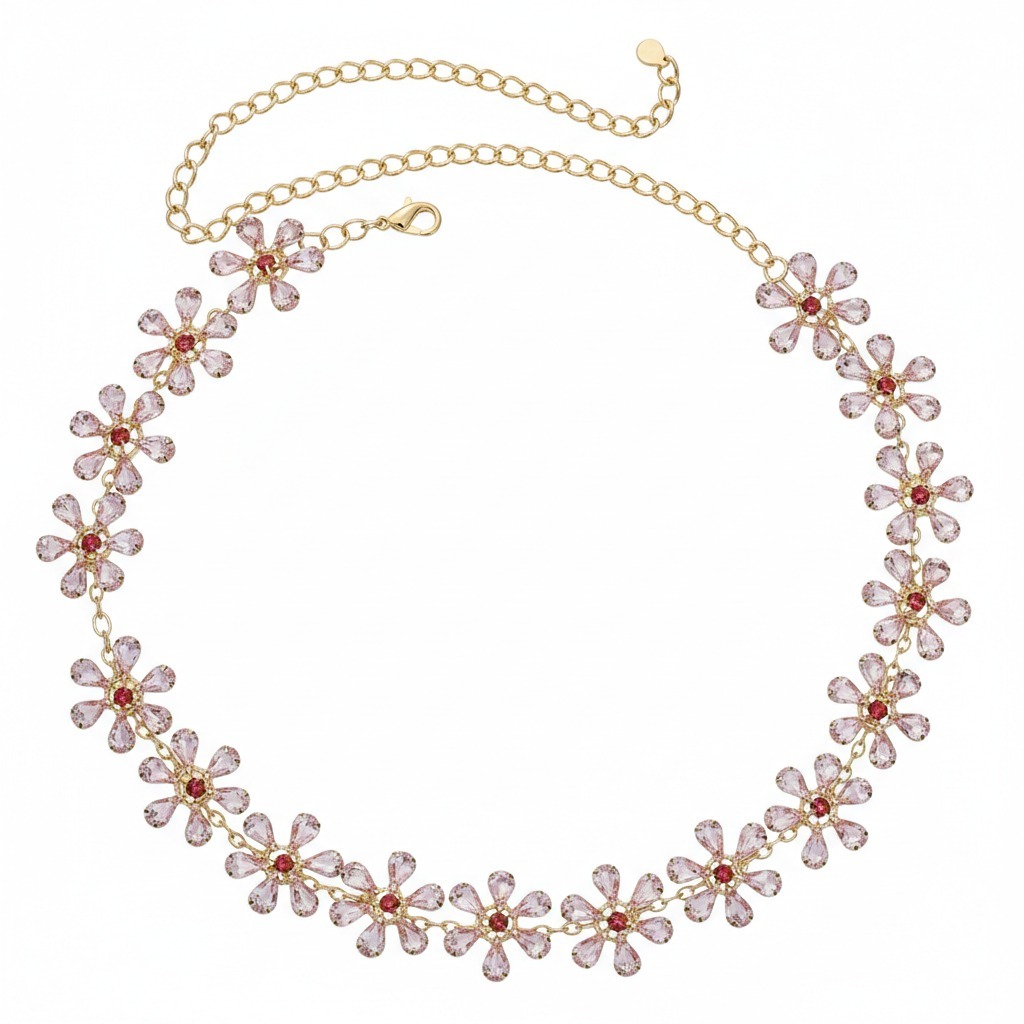 Alphalurent Rosé Bloom Crystal Flower Choker | Rhinestone Floral Necklace in Pink & Emerald Green