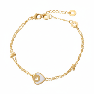Alphalurent gold titanium steel bracelet featuring a double-strand chain with small tube beads and a white shell heart charm.