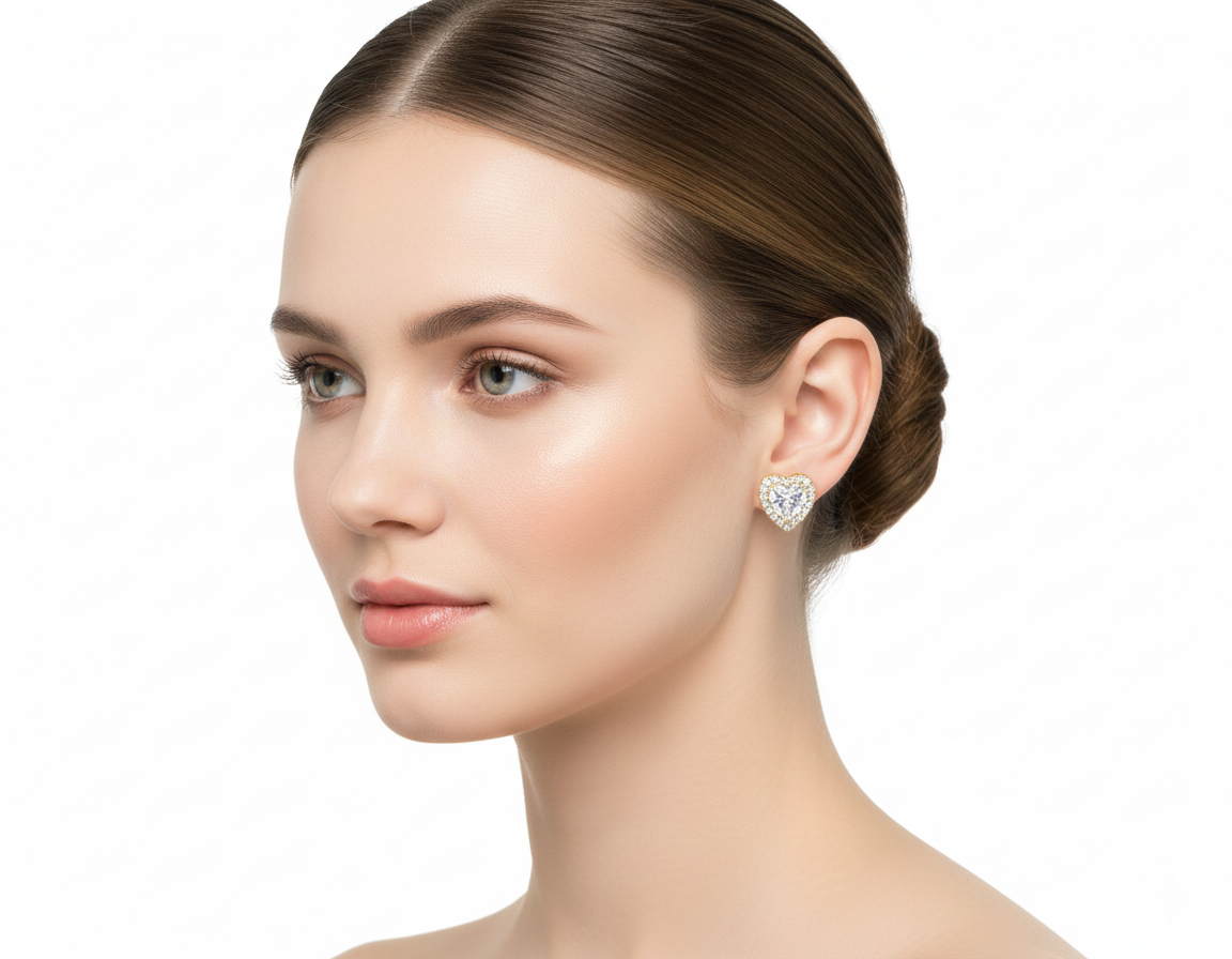 Alphalurent Stellar Heart Halo Stud Earrings | 14K Gold Plated 925 Sterling Silver Alphalurent gold-plated 925 silver stud earrings featuring a large clear heart-shaped crystal surrounded by a halo of smaller pave stones.