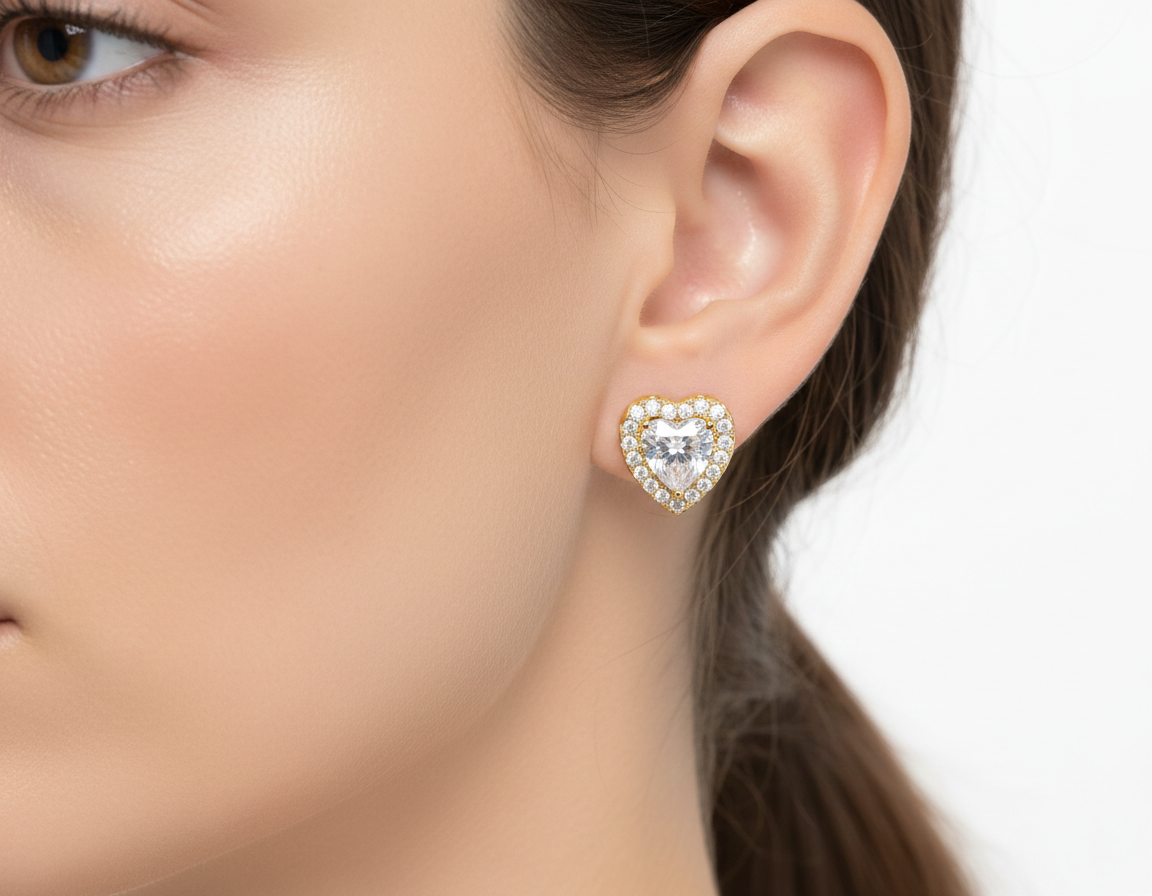 Alphalurent Stellar Heart Halo Stud Earrings | 14K Gold Plated 925 Sterling Silver Alphalurent gold-plated 925 silver stud earrings featuring a large clear heart-shaped crystal surrounded by a halo of smaller pave stones.