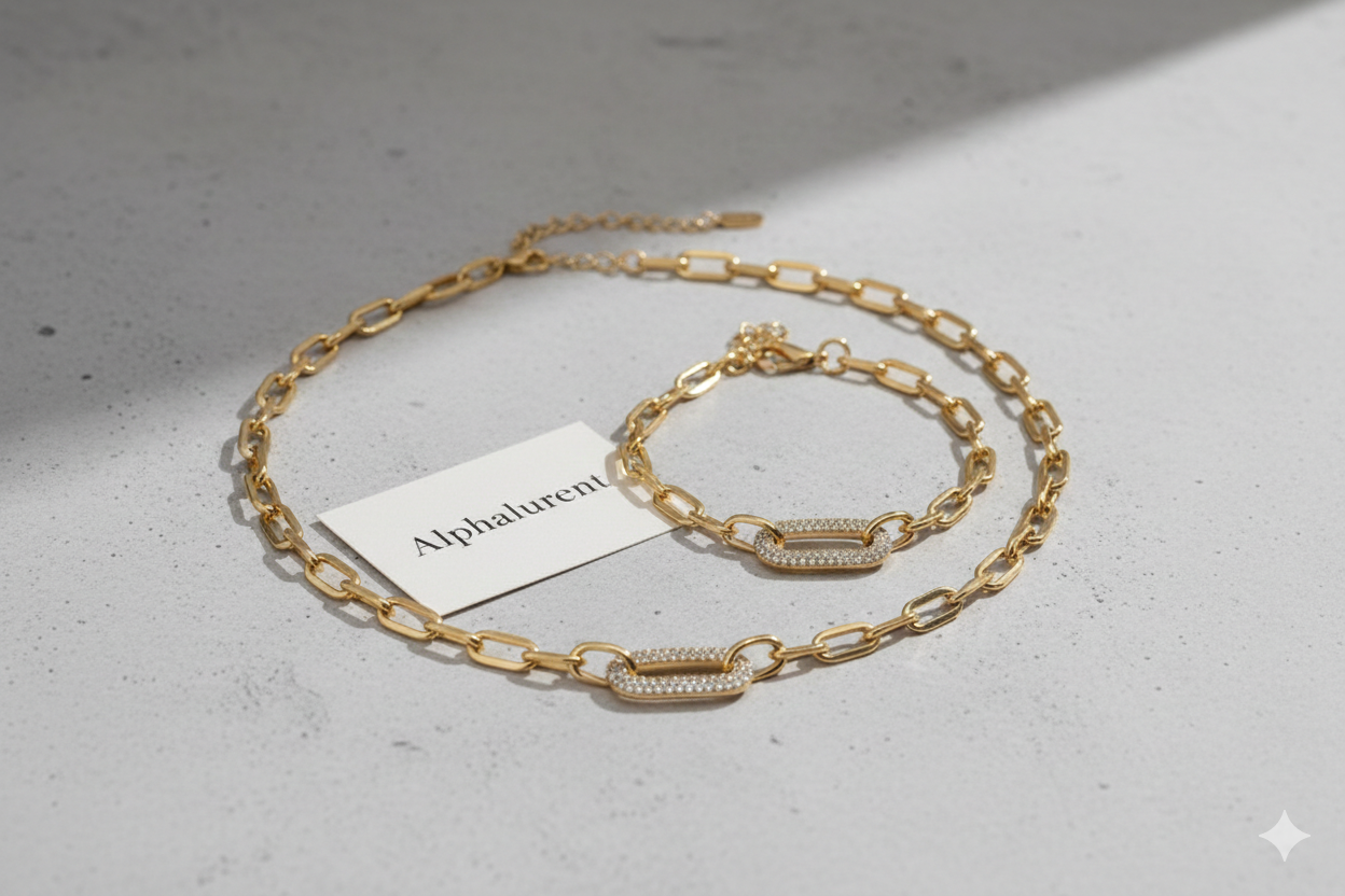Alphalurent gold paperclip chain necklace featuring a central oval link completely encrusted with sparkling pave cubic zirconia stones.