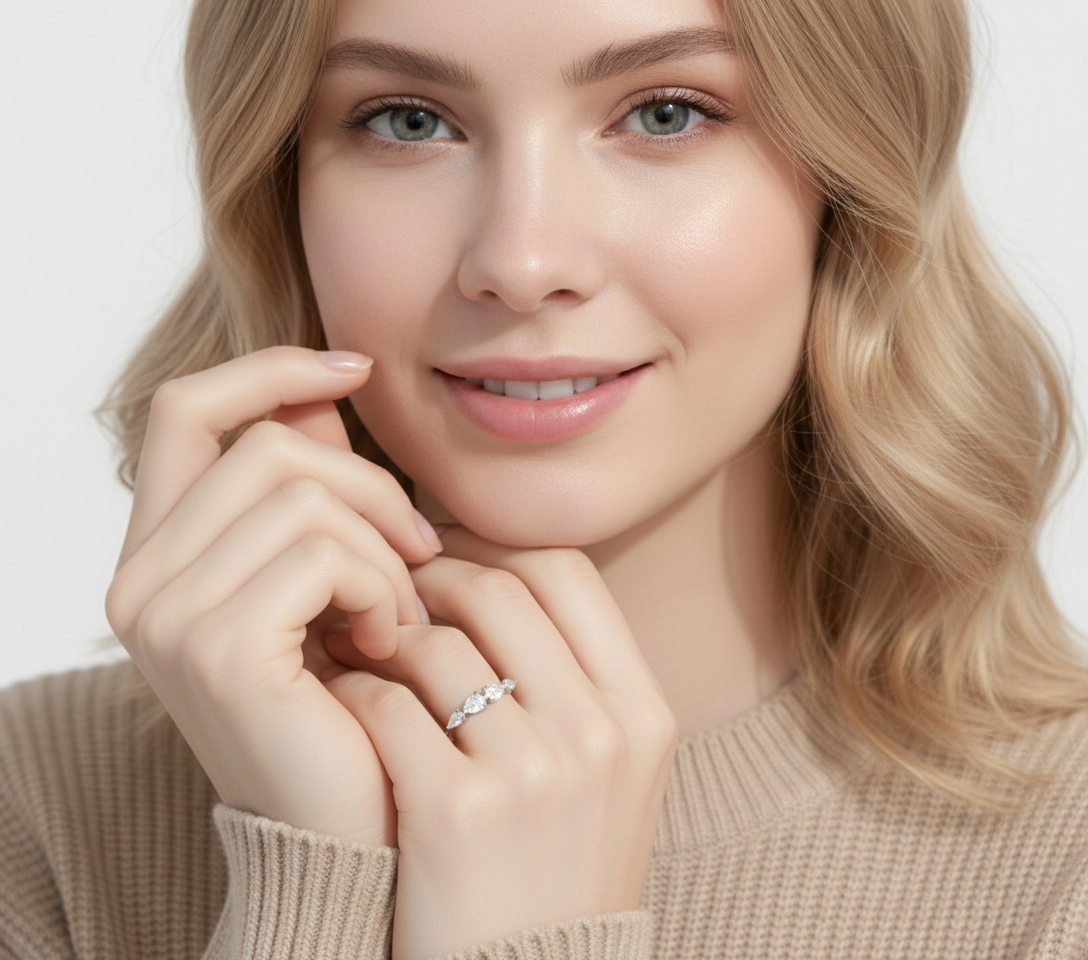 Alphalurent 925 sterling silver ring featuring five sparkling pear-cut cubic zirconia stones arranged in a row. (For the model images): Model wearing a delicate Alphalurent 925 silver 5-stone teardrop crystal ring.