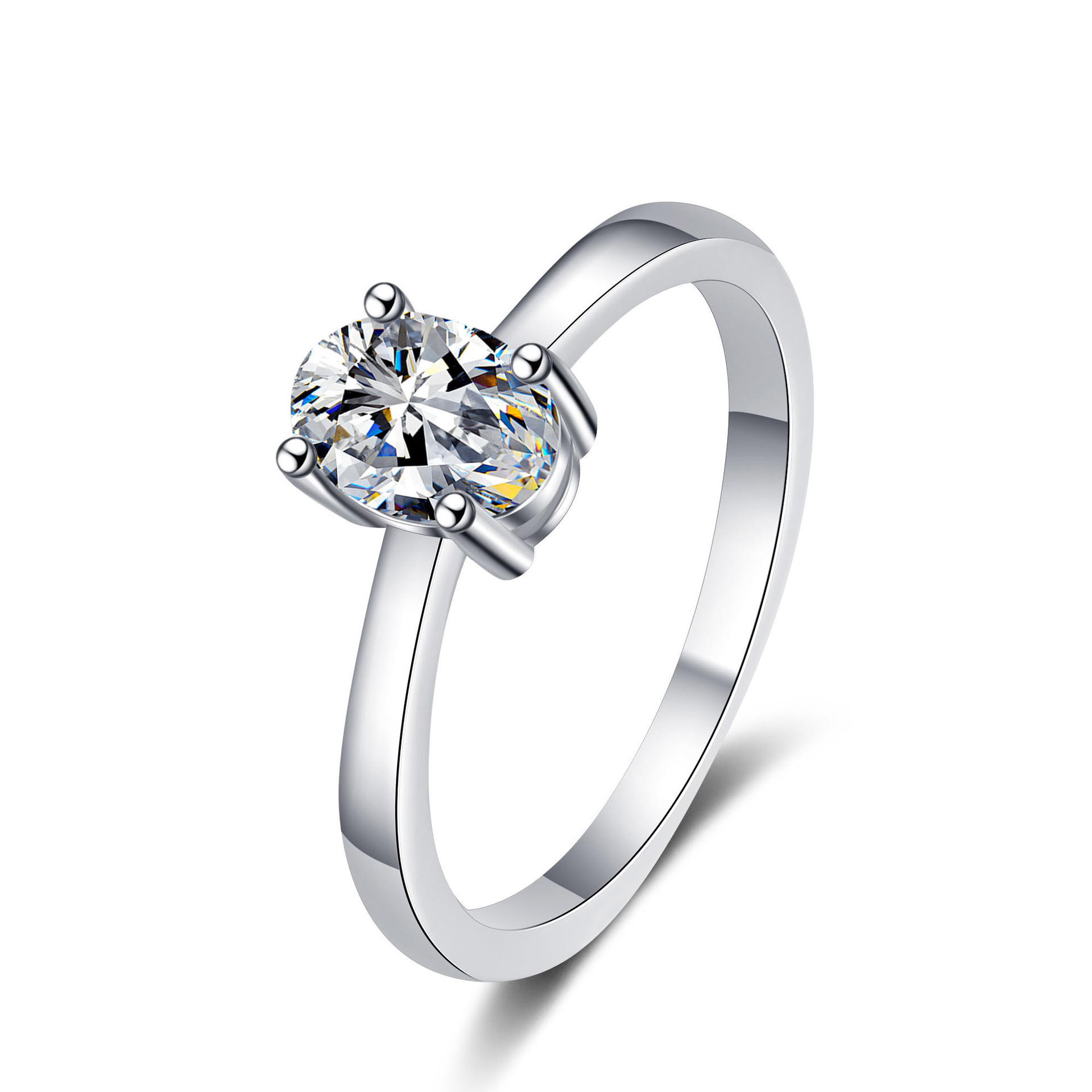 Alphalurent solid silver solitaire ring featuring a brilliant oval-cut center stone secured by a classic four-prong setting on a sleek, plain band.