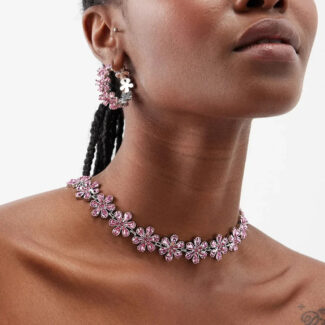 Alphalurent Rosé Bloom Crystal Flower Choker | Rhinestone Floral Necklace in Pink & Emerald Green