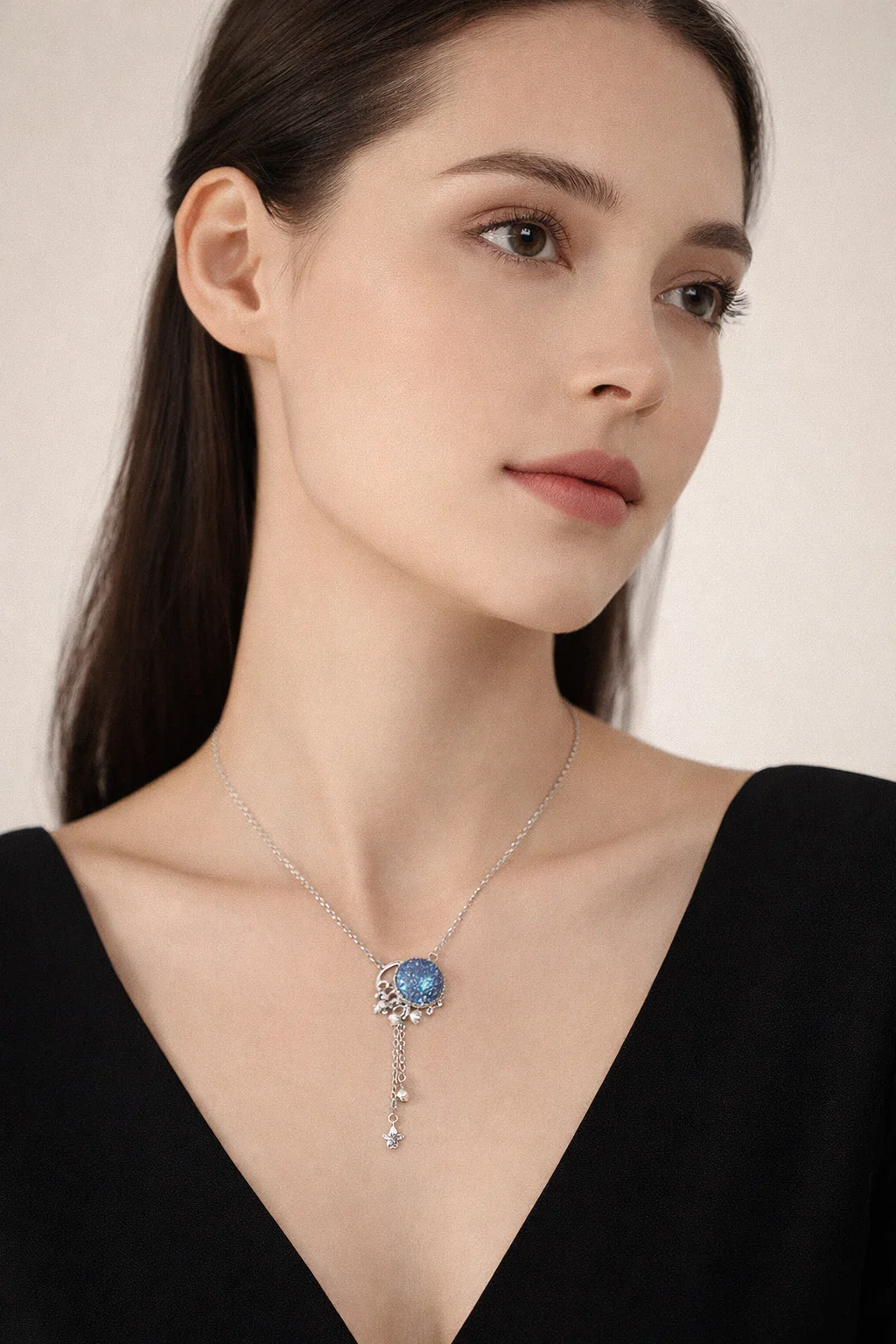 Celestial Blue Sandstone Moon & Star Necklace | Silver Galaxy Pendant – Alphalurent Silver Alphalurent necklace featuring a crescent moon hugging a sparkling blue sandstone sphere, with dangling silver chains and crystal star charms.