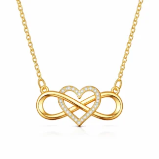 Infinity Lume gold plated necklace with infinity heart pendant and zircon center on velvet background