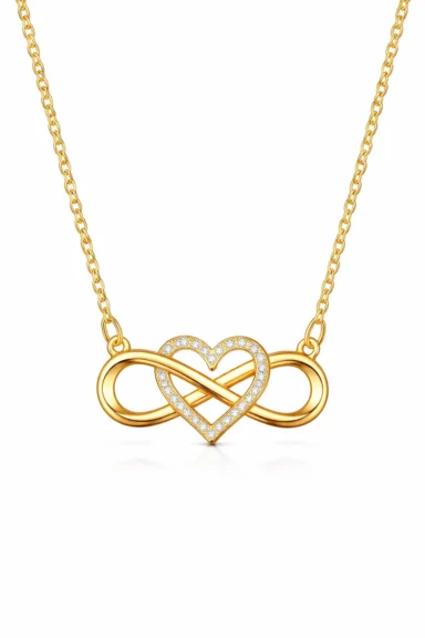 Infinity Lume gold plated necklace with infinity heart pendant and zircon center on velvet background
