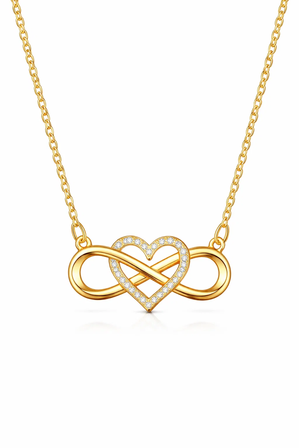 Infinity Lume gold plated necklace with infinity heart pendant and zircon center on velvet background