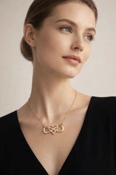 Infinity Lume gold plated necklace with infinity heart pendant and zircon center on velvet background