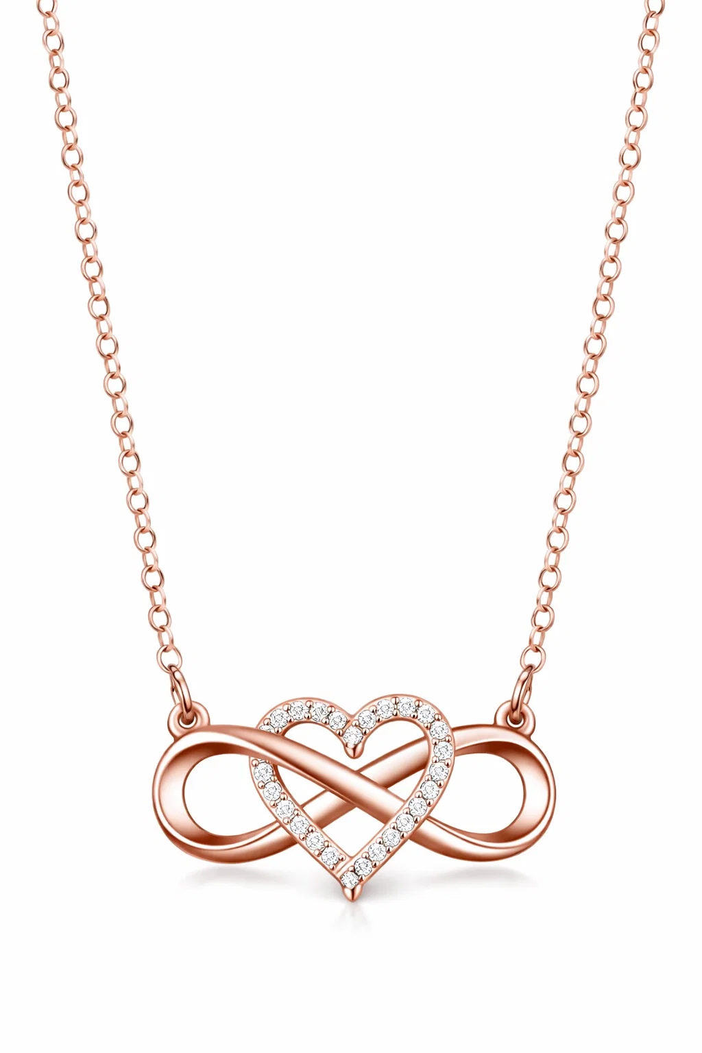 Rose gold infinity heart necklace with sparkling zircon worn with casual denim and white shirt