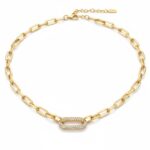 Alphalurent gold paperclip chain necklace featuring a central oval link completely encrusted with sparkling pave cubic zirconia stones.