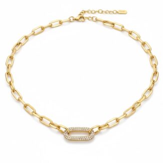 Alphalurent gold paperclip chain necklace featuring a central oval link completely encrusted with sparkling pave cubic zirconia stones.