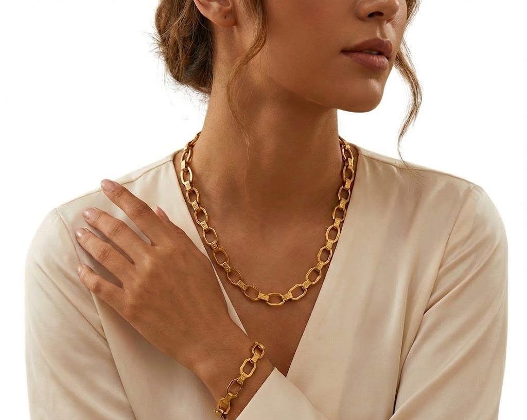 Alphalurent Textured Paperclip Link Chain | Gold Titanium Steel Necklace & Bracelet Alphalurent gold jewelry set featuring a chunky paperclip chain necklace and bracelet with a unique textured grid pattern on the links.