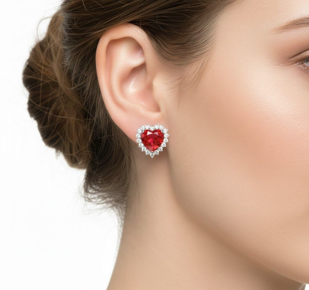 Alphalurent Crimson Heart Halo Stud Earrings | Red Zirconia in White Gold Plated 925 Silver Alphalurent 925 sterling silver stud earrings featuring a vibrant red heart-shaped cubic zirconia surrounded by a sparkling white halo. (For the model image): Model wearing Alphalurent white gold plated silver earrings with a red heart halo design.