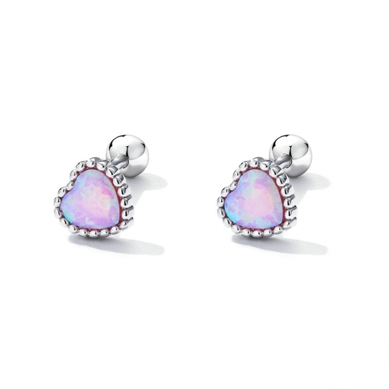 Alphalurent 925 sterling silver stud earrings featuring a heart-shaped iridescent blue opal crystal, a beaded silver edge, and comfortable screw-on ball backs.